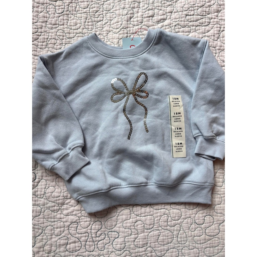 Cat & Jack Baby Girls 18 Months Sequin Bow Sweatshirt Light Blue